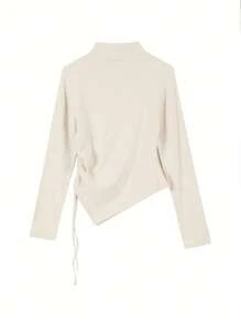 Women's Solid Color Long Sleeve Stand Collar Ruched Hem T-Shirt, Spring/Summer