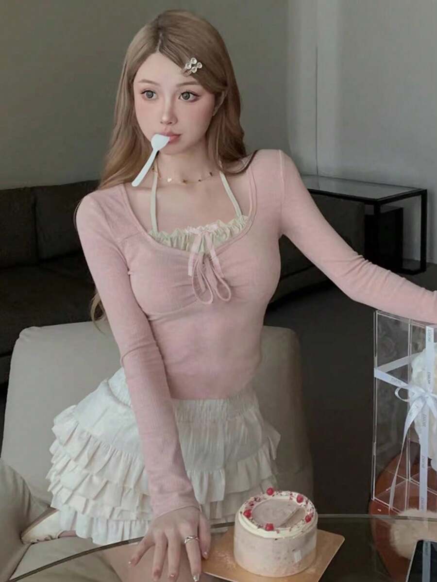 对比色系带修身二合一 T 恤 - 粉色 - 查看 1