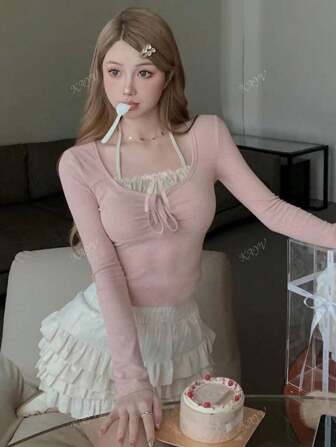 Contrast Color Lace-Up Slim Fit 2 In 1 T-Shirt