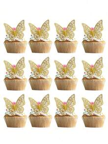 36pcs/12pcs Butterfly Cake Toppers, Simple Paper Cake Decorations For Birthday Party - Gold - View 8