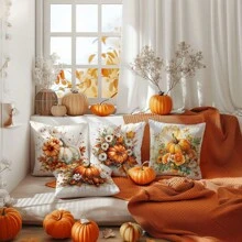 4 pièces/set 45 cm x 45 cm (17,7 po x 17,7 po) Housses de coussin à motif de citrouille et feuille d''érable de unicolore à thème automnal, en velours pêche, conviennent pour un usage quotidien en automne, décoration de maison, salon, chambre à coucher, canapé, art, design, atmosphère - Multicolore - Voir 10