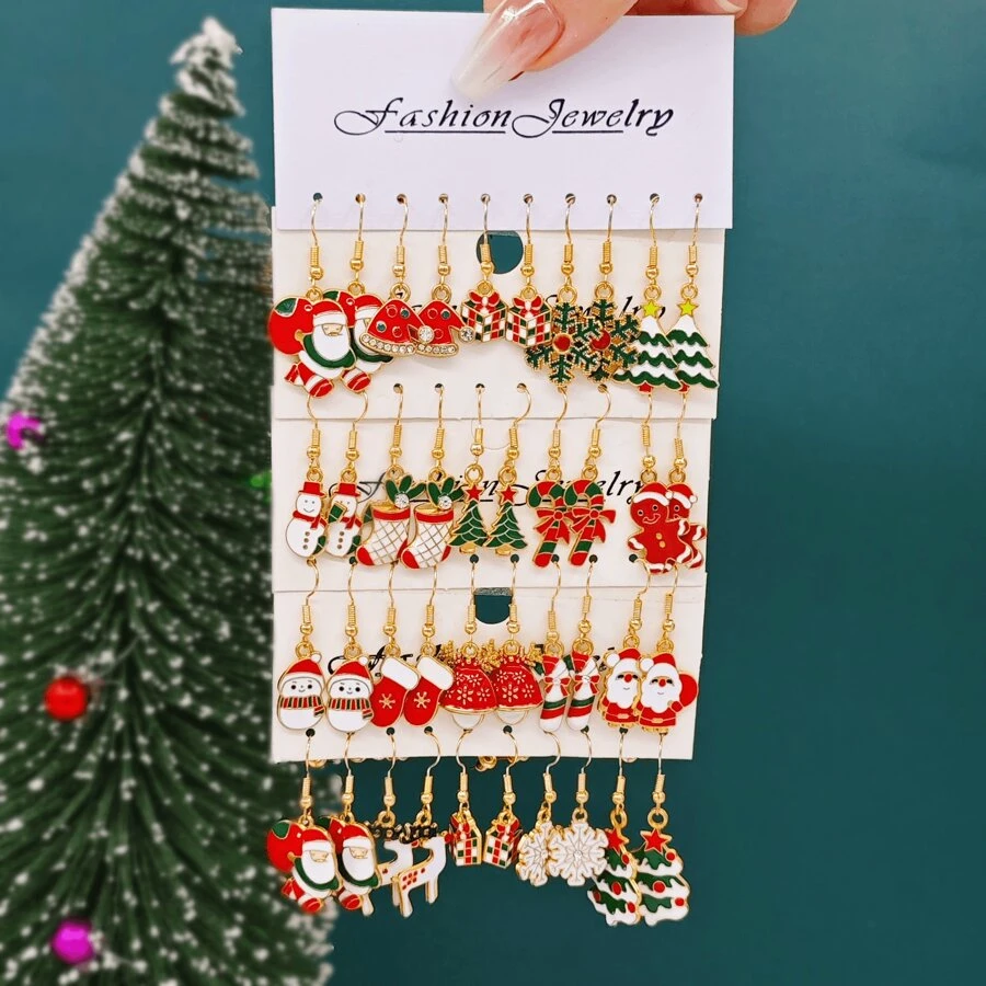 10入組跨境聖誕耳環套裝，新款聖誕樹、聖誕老人、馴鹿、鈴鐺、雪人、房屋、靴子、帽子吊墜耳環（女款） - 彩色 - 查看 1
