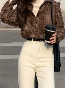 Rikumo 女士格子落肩休闲通勤衬衫，秋季长袖上衣 - 咖啡棕 - 查看 1