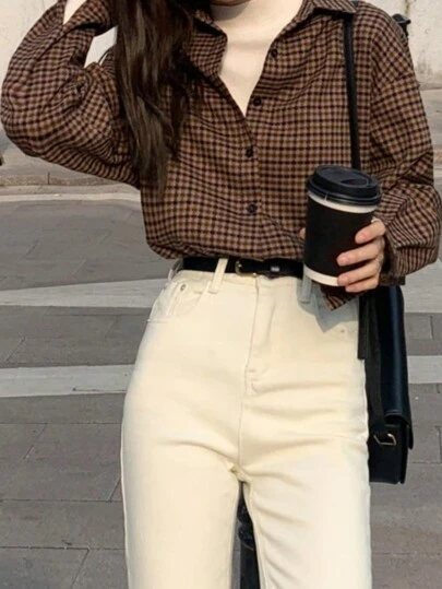 Rikumo 女士格子落肩休闲通勤衬衫，秋季长袖上衣