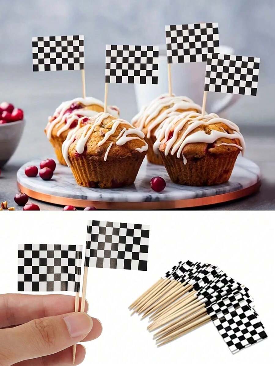 24 piezas/50 piezas Decoraciones para cupcakes con banderas a cuadros negras y blancas tipo carreras, decoraciones para pastel para fiesta de cumpleaños de autos de carrera, Navidad - Blanco y Negro - Ver 1