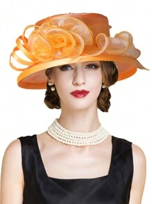 HIMESPORT Mũ nữ chủ đề Lễ hội đua ngựa Kentucky Derby, thích hợp cho các bữa tiệc cocktail, đám cưới, tiệc trà chiều, được trang trí bằng chấm bi và hoa, vành rộng. - màu đặc - Xem 21