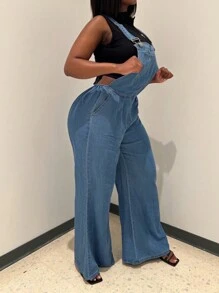 Women's Loose Adjustable Shoulder Strap, Wide Leg Denim Shoulder Strap, Overall Denim Pants, Long Pants - 中等水洗藍 - 查看 6