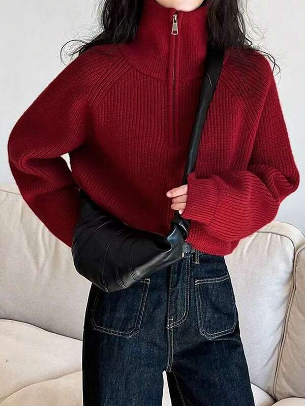 Solid Color Zip-Up Front Long Sleeve Minimalist Knit Jacket, Fashion Versatile Style For Autumn,Long Sleeve Tops