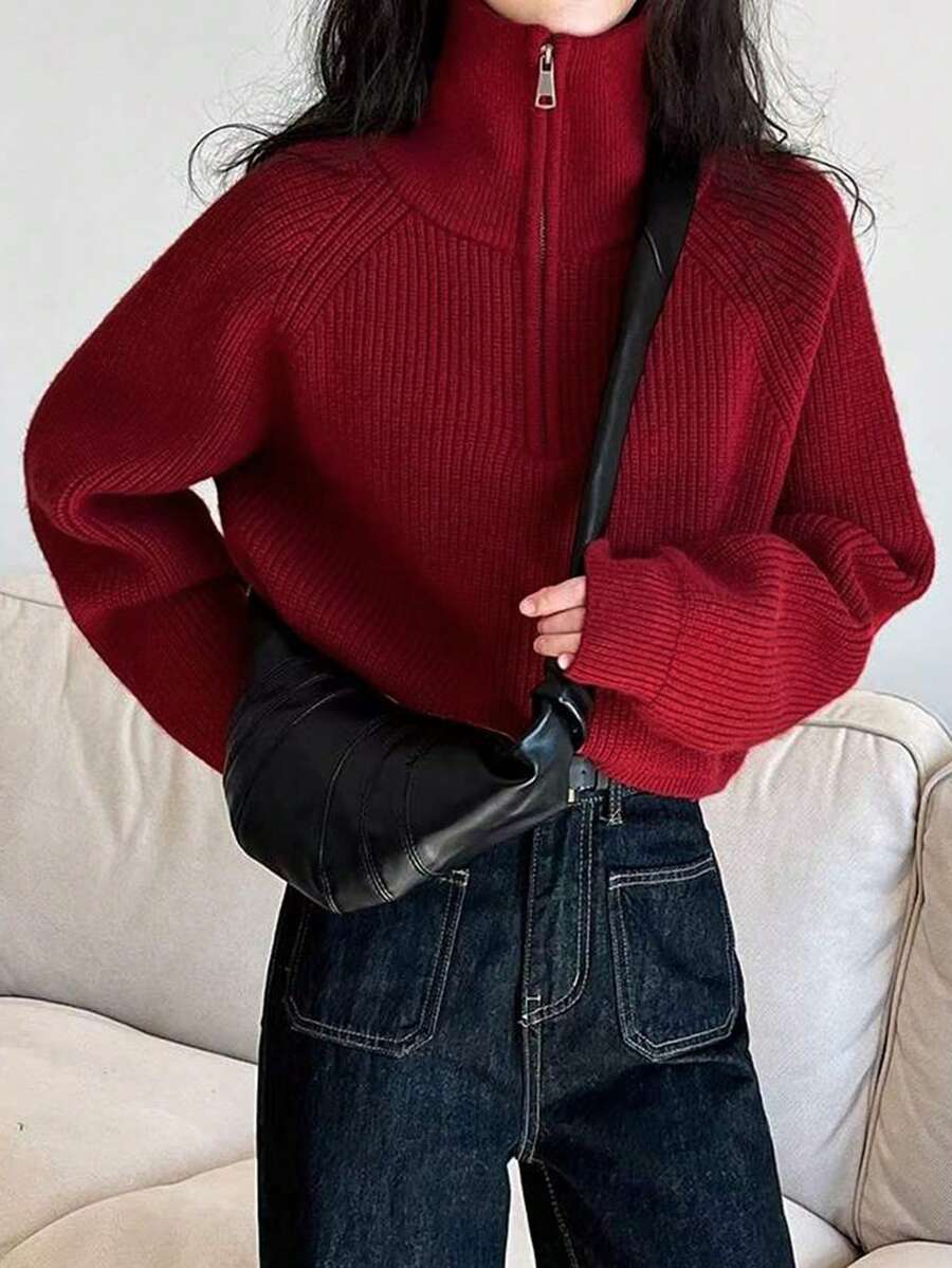 纯色前拉链长袖简约针织夹克，秋季时尚百搭款式，长袖上衣 - 紅色 - 查看 1