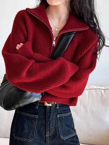 纯色前拉链长袖简约针织夹克，秋季时尚百搭款式，长袖上衣 - 紅色 - 查看 2