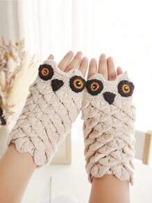 Half Finger Gloves Women's Winter Warm Knit Wool Thickened Jacquard Korean Version Of Fingerless Student Owl Cartoon