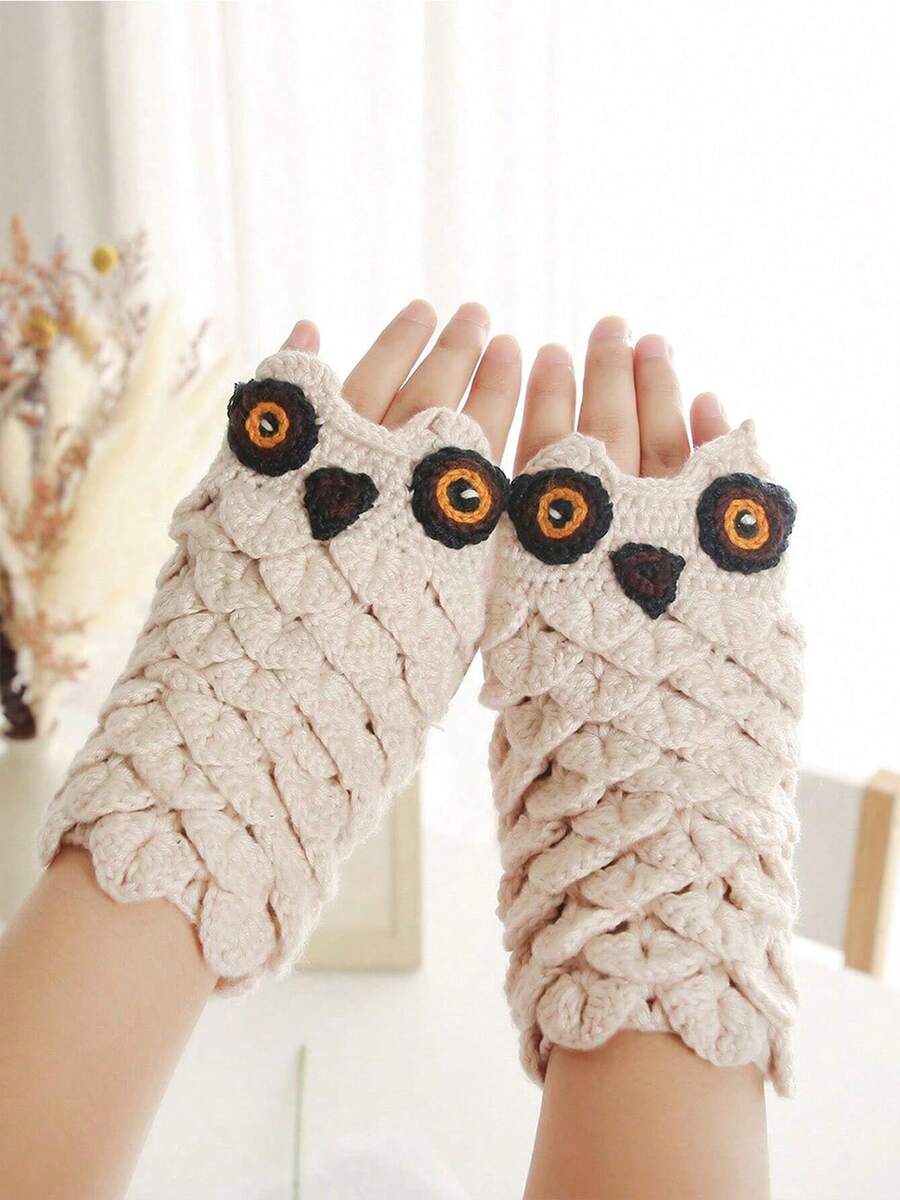 Half Finger Gloves Women's Winter Warm Knit Wool Thickened Jacquard Korean Version Of Fingerless Student Owl Cartoon