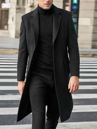 Men's Long Sleeve Stand Collar Double Pocket Single-Breasted Overcoat, For Fall Winter