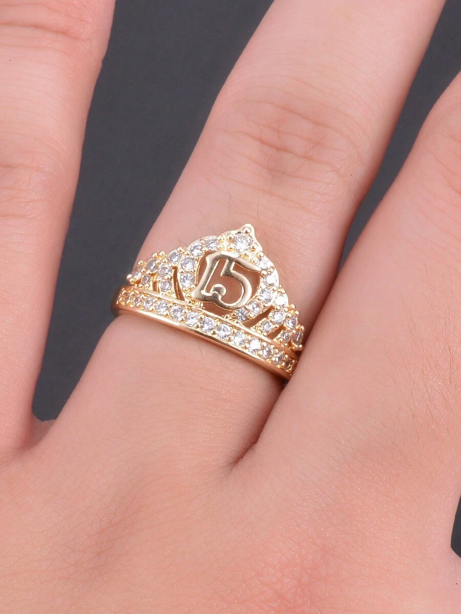 1 pieza Anillo de flor chapado en oro de 14k hermoso para los 15 años, anillos de corona para regalos de 15 años, rito mexicano de mayoría de edad - Amarillo Oro - Ver 1