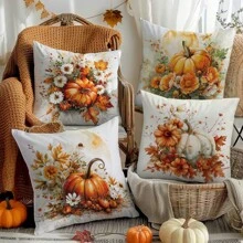 4 pièces/set 45 cm x 45 cm (17,7 po x 17,7 po) Housses de coussin à motif de citrouille et feuille d''érable de unicolore à thème automnal, en velours pêche, conviennent pour un usage quotidien en automne, décoration de maison, salon, chambre à coucher, canapé, art, design, atmosphère - Multicolore - Voir 2