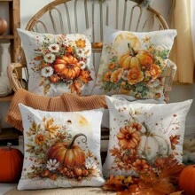 4 pièces/set 45 cm x 45 cm (17,7 po x 17,7 po) Housses de coussin à motif de citrouille et feuille d''érable de unicolore à thème automnal, en velours pêche, conviennent pour un usage quotidien en automne, décoration de maison, salon, chambre à coucher, canapé, art, design, atmosphère - Multicolore - Voir 8