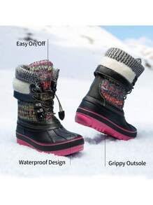 Kids Winter Snow Boots | Waterproof Insulated Mid Calf Ski Boots With Cozy Knit Collar For Boys & Girls - 玫紅色 - 查看 7