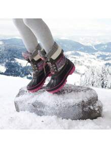 Kids Winter Snow Boots | Waterproof Insulated Mid Calf Ski Boots With Cozy Knit Collar For Boys & Girls - 玫紅色 - 查看 8