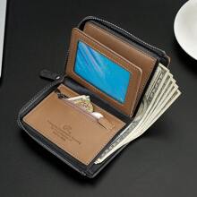 CarrKen 1pc Men's Premium Splicing Color Block Zipper Short Wallet Young Fashion Bifold Multi-Functional Card Holder Gift For Men Wallet Small - Black - View 4