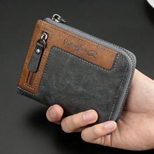 CarrKen 1pc Men's Premium Splicing Color Block Zipper Short Wallet Young Fashion Bifold Multi-Functional Card Holder Gift For Men Wallet Small - Black - View 2