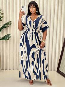 Plus Size Women Casual V-Neck Floral Print Dress (Floral Pattern Random), Summer - Blue - View 3