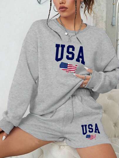 Women's Fashionable Printed Crew Neck Sweatshirt And Shorts, Two-Piece Set, Suitable For Sleeping At Home, Keeping Warm During Sports, Suitable For Autumn And Winter, Fall Clothes