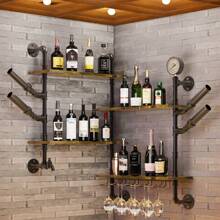UNHO Wall Wine Rack: Industrial Pipe Bar Wall Liquor Shelf Floating Shelves With Wine Glass Holder Wall Mounted Shelving Unit For Living Room, Kitchen - Black - View 1