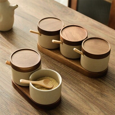 1pc/2pcs/3pcs Japanese Rustic Ceramic Seasoning Jars With Wooden Lids And Tray, Kitchen Salt Sugar Spice Storage Containers