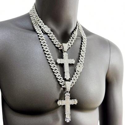Heavy Thick Cubic Zirconia Cross Pendant Double-Layer Thick  Chain Necklace, 14mm Width, White