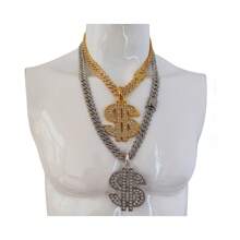 14mm Bling Bling Rhinestone Encrusted Chain Necklace With Dollar Sign Pendant For Men, Alloy Gold-Plated