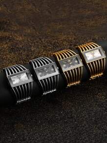 1 chiếc đồng hồ nữ thời trang cổ điển, sang trọng, thanh lịch, dây đeo co giãn, mặt đồng hồ hình chữ nhật, máy quartz, món quà lý tưởng (chỉ bao gồm đồng hồ) - Vàng - Xem 4