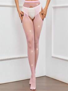 European Style Sexy Rhinestone Fishnet Hollow-Out Seamless Stockings, Nightclub Wear Women Opaque Tights - Pink - View 2