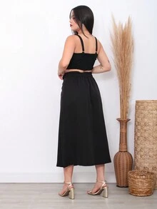 Elegant Women's Cropeed Set And Skirt With Built-In Belt Skirt With Slit In The Front - màu đen - Xem 5