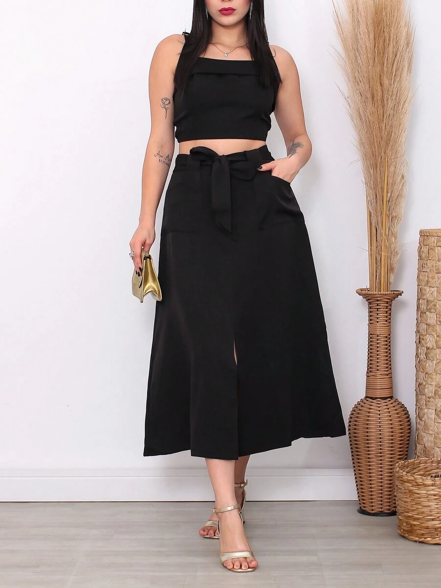 Elegant Women's Cropeed Set And Skirt With Built-In Belt Skirt With Slit In The Front - màu đen - Xem 1