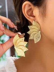1 对优雅纹理叶子设计女士耳环，适合所有季节 - 金黃色 - 查看 1