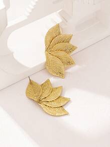 1 对优雅纹理叶子设计女士耳环，适合所有季节 - 金黃色 - 查看 3