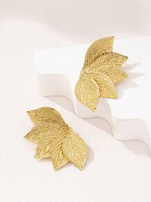 1 对优雅纹理叶子设计女士耳环，适合所有季节 - 金黃色 - 查看 4
