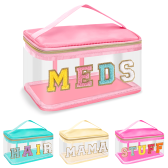 Chenille Letter Clear Makeup Bags Glam Pouch, Preppy Patch Makeup Bag Zipper With Handle, Transparent PVC & Nylon Waterproof Glitter Cosmetic Handbag Travel Toiletry Storage For Women Girl,Christmas Gifts Makeup Organizer Make Up Organizer Makeup Storage Make Up Bag