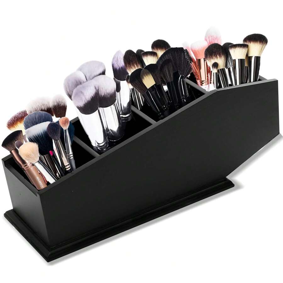 Lechay Brush Holder Coffin Makeup Brush Holder Gothic Desk Organizer Black Boxes For Desk Spooky Home Office Desk Organizer-Vanity Organizer And Desk Storage-4 Compartments - 黑色 - 查看 1