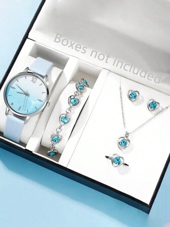 6pcs/Set Women's Fashion Minimalist Quartz Watch With Blue Crystal, Leather Strap, Watch & Jewelry Set Including Necklace, Ring, Earrings And Bracelet, Suitable For Daily Wear, Gift