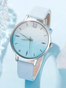 6pcs/Set, Women's Watch, Fashionable Women's Minimalist Watch, Blue Rhinestone Quartz Watch, Leather Strap, Women's Bracelet Watch Set Gift, Necklace, Ring, Earring, Bracelet, Suitable For Daily Wear, Gift