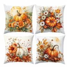 4 pièces/set 45 cm x 45 cm (17,7 po x 17,7 po) Housses de coussin à motif de citrouille et feuille d''érable de unicolore à thème automnal, en velours pêche, conviennent pour un usage quotidien en automne, décoration de maison, salon, chambre à coucher, canapé, art, design, atmosphère - Multicolore - Voir 4