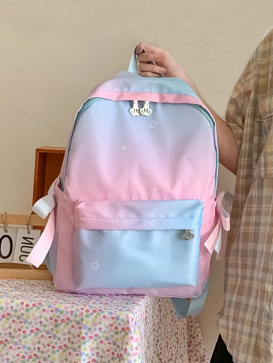 Sac à dos imprimé dégradé lune & étoiles, cartable fonctionnel pour étudiants, sac d'école décontracté à fermeture éclair avec nœud - Multicolore - Voir 1