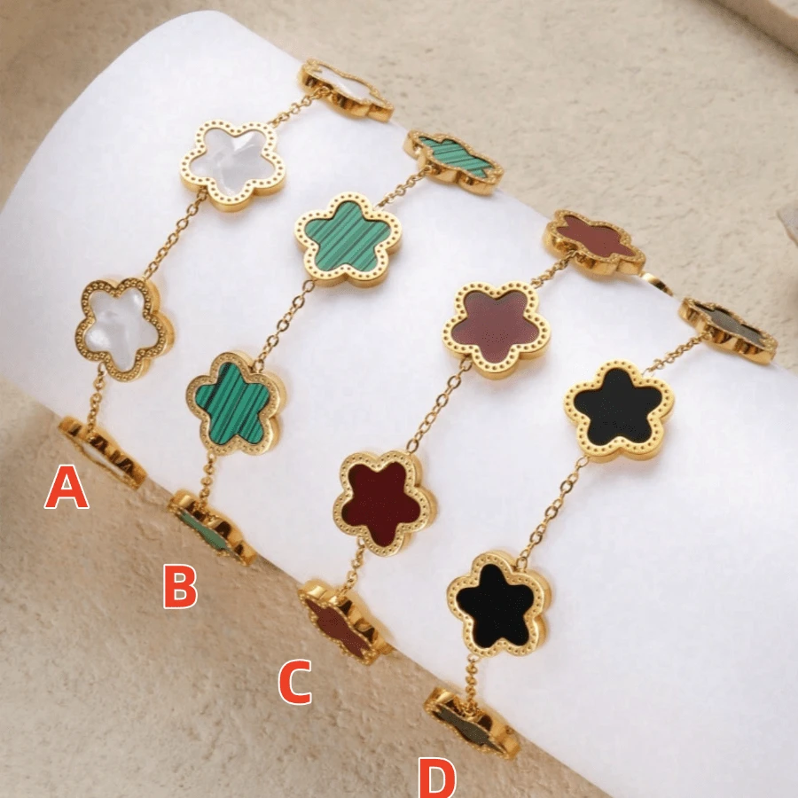 1 chiếc vòng tay bằng thép không gỉ hình cỏ 5 lá và xà cừ, thích hợp để bé gái đeo hàng ngày - Nhiều màu - Xem 1