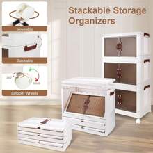 3 Tier Plastic Storage Bins With With Lids 26.5 Gal, Stackable Storage Containers With Wheels, Folding Storage Boxes, Collapsible Storage Bins, Closet Organizers And Storage For Living Room,Office,Dorm - Màu be - Xem 9