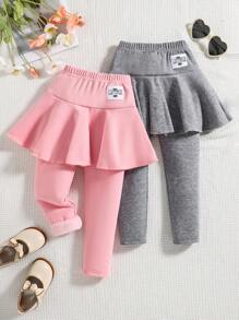 2 件装幼儿女孩保暖休闲紧身裤，二合一设计，带字母印花标签