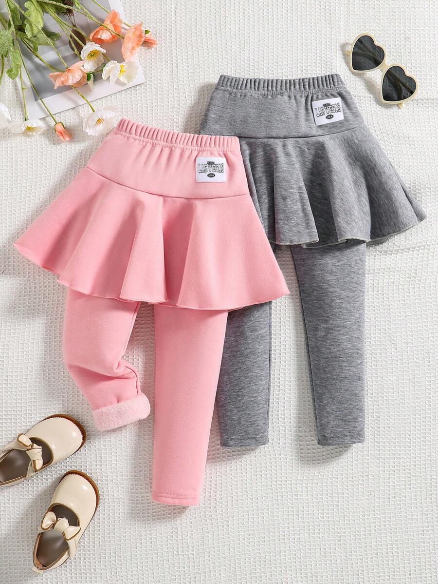 2 件装幼儿女孩保暖休闲紧身裤，二合一设计，带字母印花标签