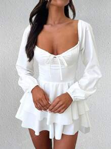 1 Peça Vestido com Mangas de Lanterna Decotado nas Costas e Amarração, Macacão Plissado Elegante Adequado para Bar, Festa, Casa