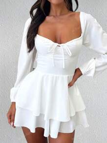 1 Peça Vestido com Mangas de Lanterna Decotado nas Costas e Amarração, Macacão Plissado Elegante Adequado para Bar, Festa, Casa