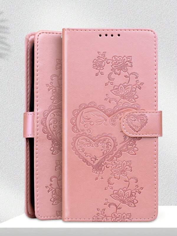GLANDOTU Valentines 16 Compatible With Samsung Galaxy Redmi Honor Oppo PU Leather Solid Color Embossed Phone Case With Card Slot Wallet Style Case - Pink